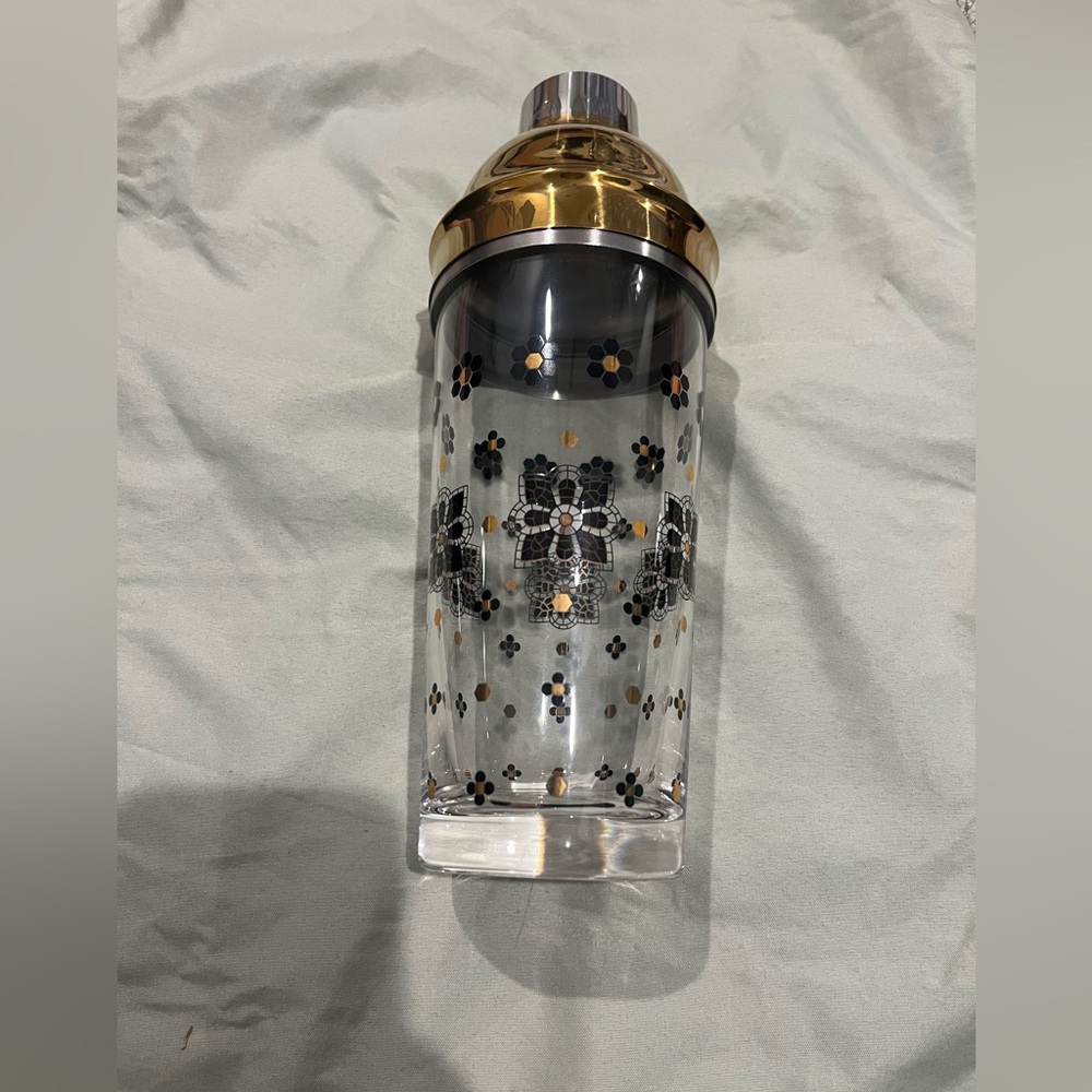Anthropologie Bistro Cocktail Shaker Glass Metal gold black floral - missing cap